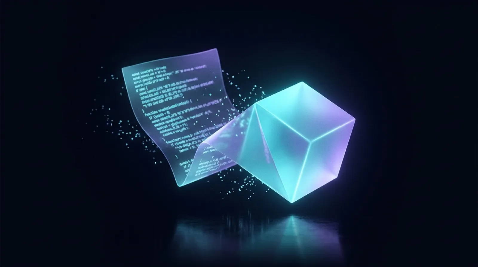 A translucent sheet of glowing code folding itself origami-style into a luminous agent cube