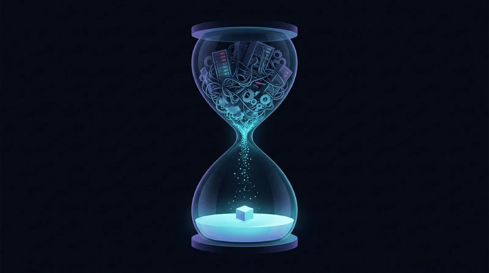 An hourglass whose upper bulb is packed with tangled server infrastructure dissolving into glowing particles of time; below, a single serene agent cube floats on the pool of light