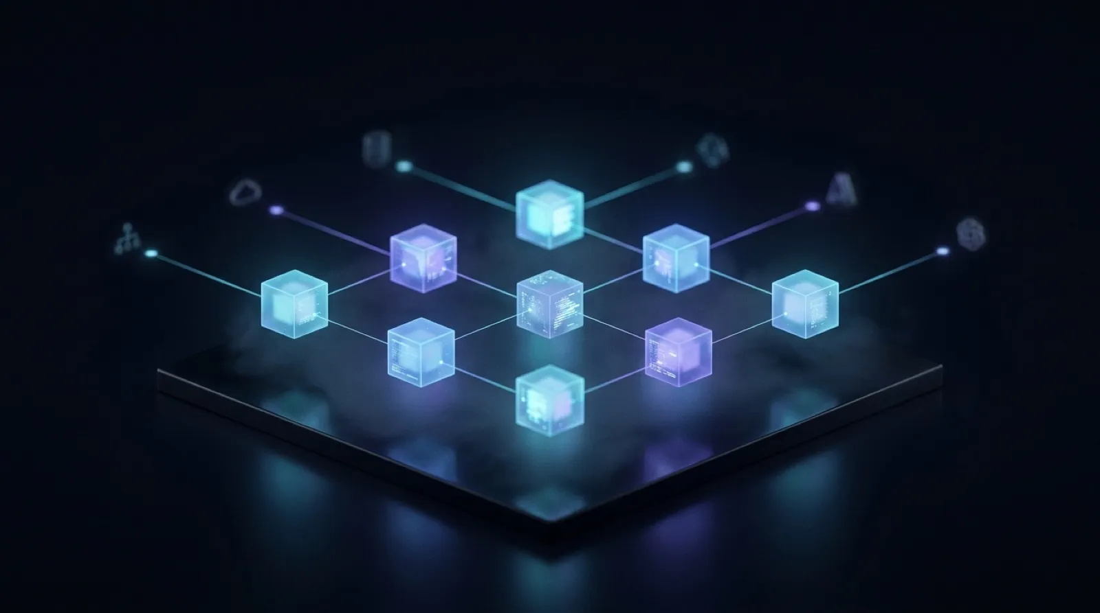 A fleet of ten luminous agent cubes hovering above a dark platform, each connected by thin light filaments to distant services