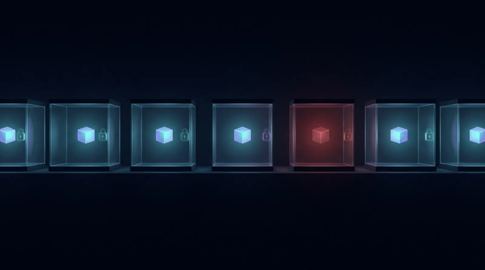 A row of locked glass isolation cells, each holding one glowing agent cube; one cell glows red from a breach that stays fully contained inside its own walls