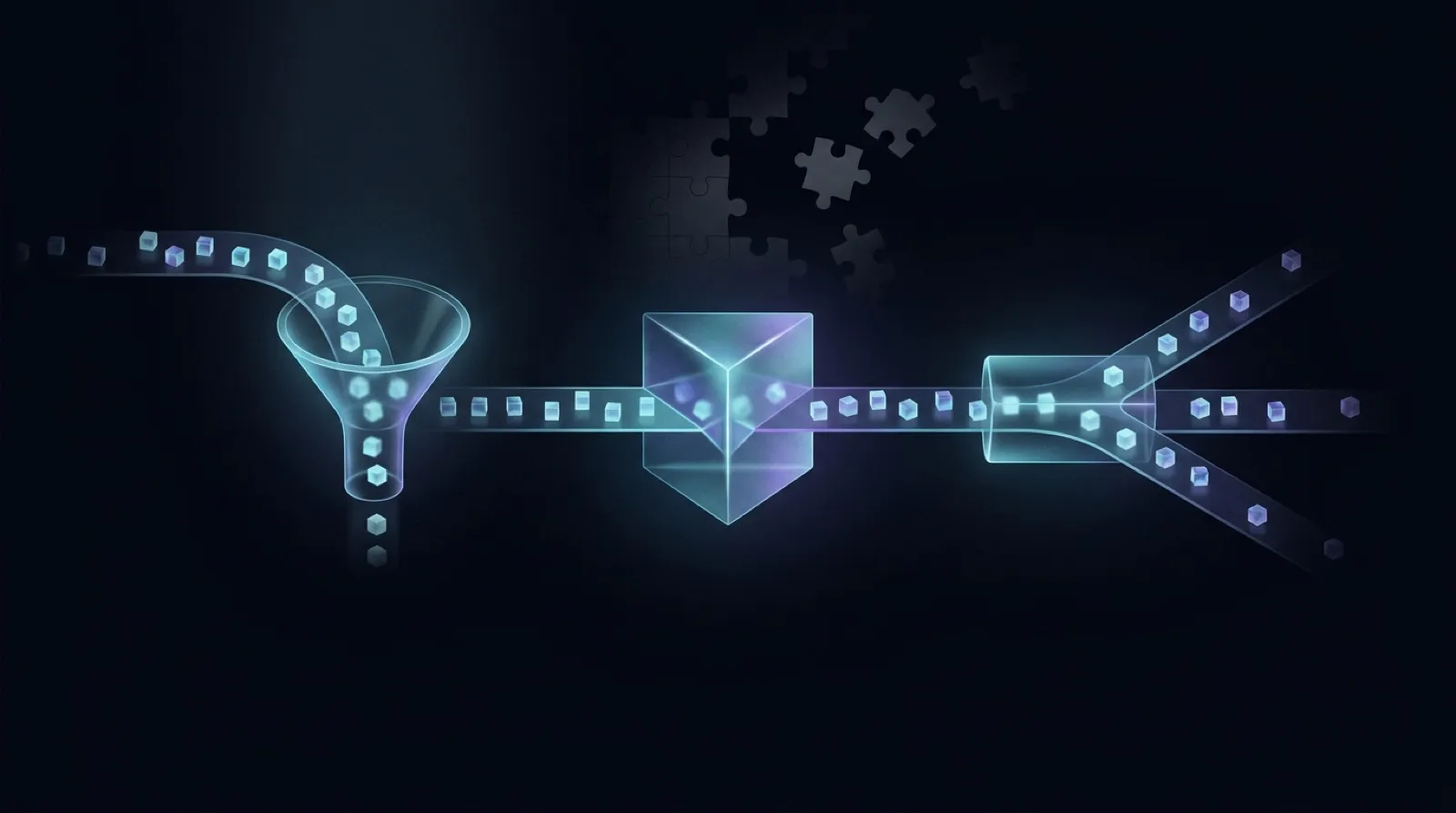 A stream of glowing data cubes flowing through an assembly line: an intake funnel, a reasoning prism, and a branching dispatcher — faint no-code puzzle pieces dissolving in the background
