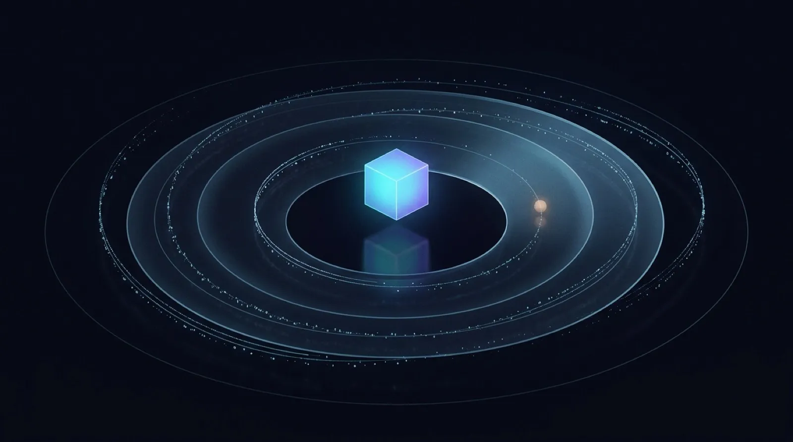 A luminous agent cube at the center of concentric radar-like telemetry rings, streams of log glyphs orbiting outward, one amber blip standing out on a ring