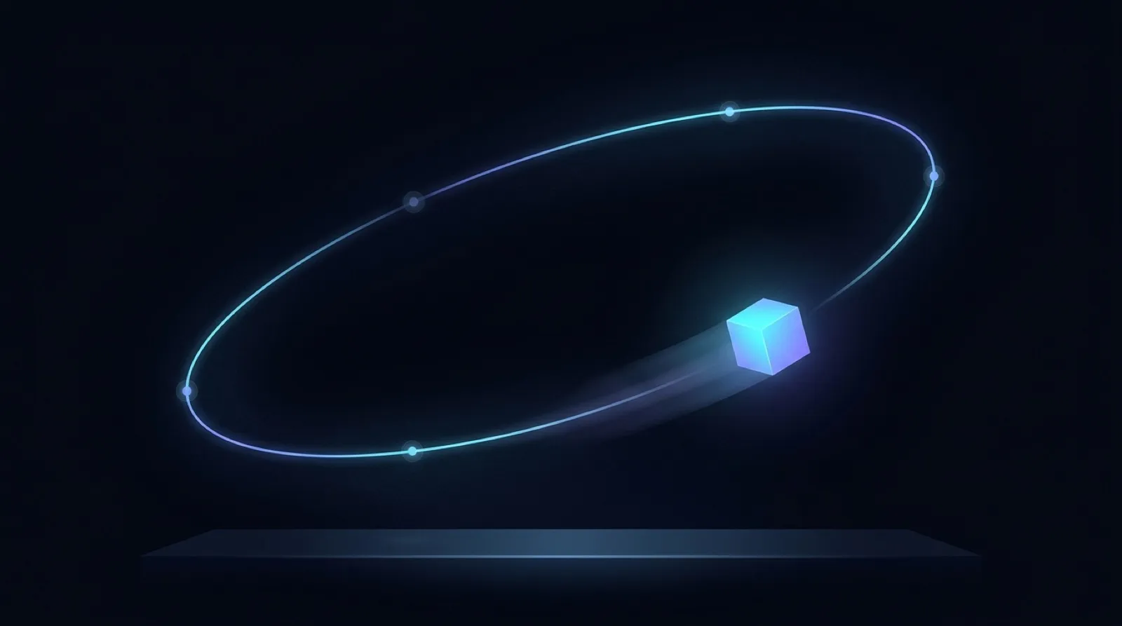 A luminous agent cube traveling a glowing orbital loop with four waypoints, leaving a motion trail — perpetual, unattended motion