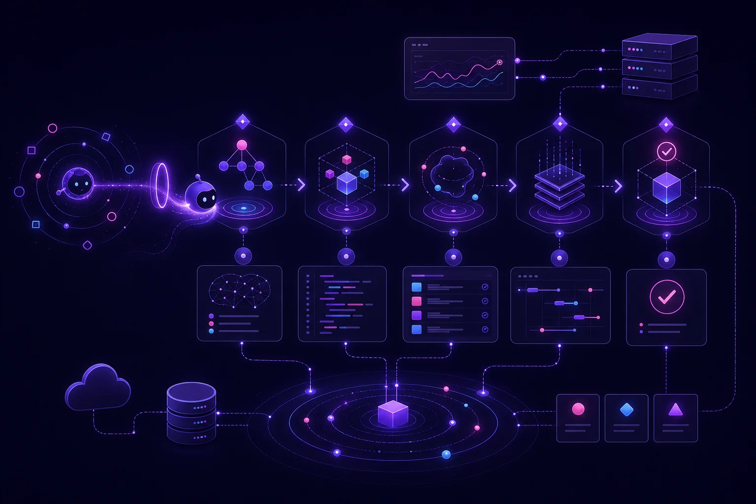 AI agent evaluation workflow showing an agent reasoning, using tools, interacting with an environment, and being assessed through reproducible trials.