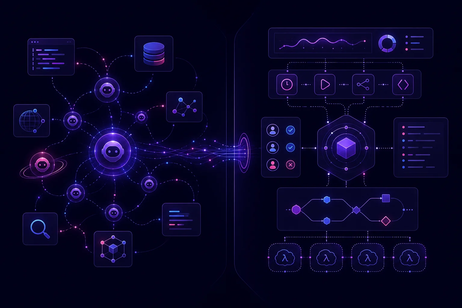 AI agent frameworks shown as a choice between autonomous claw-style agents and structured harness architectures for planning, tools, memory, and workflows.