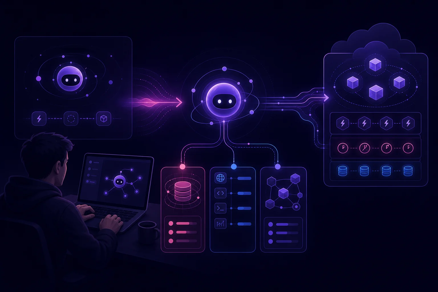 AI agent setup with Trigger.dev from local development to production deployment, showing an AI agent connected to memory, tools, and external software.