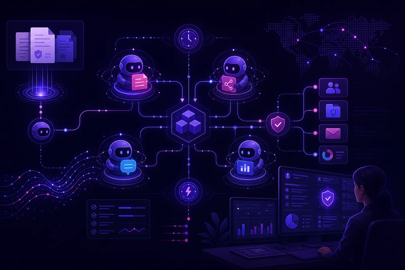 Secure AI insurance workflows coordinating multi-agent automation across claims, underwriting, prospect engagement, and policy operations.