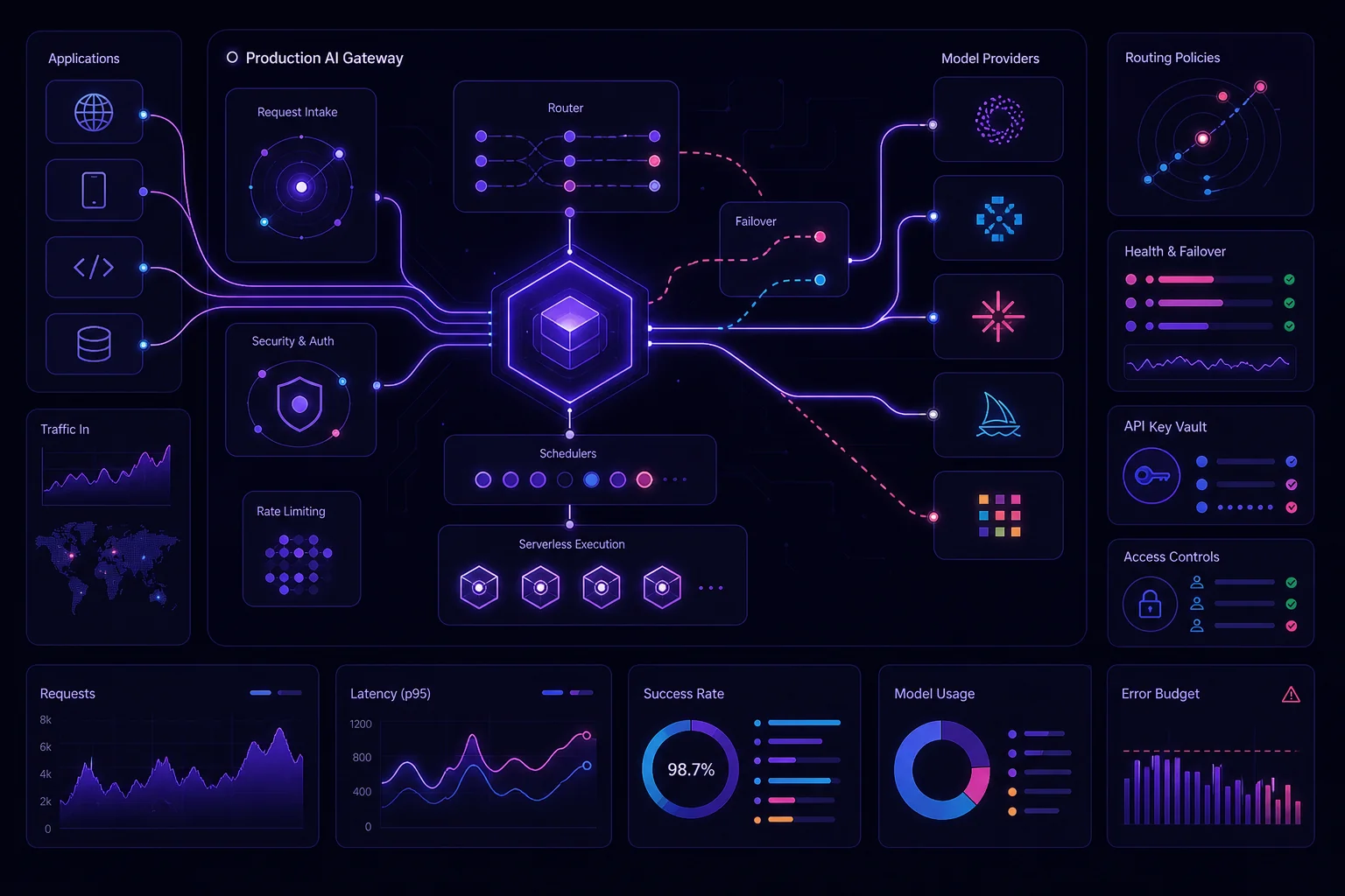 Bifrost AI Gateway production deployment with a unified interface connecting AI applications to multiple model providers