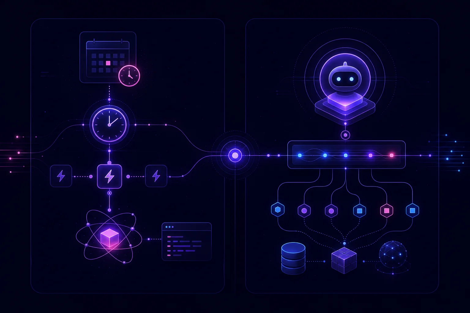 Cron vs daemon agents comparison showing scheduled AI jobs alongside an always-on runtime for choosing the right workload architecture