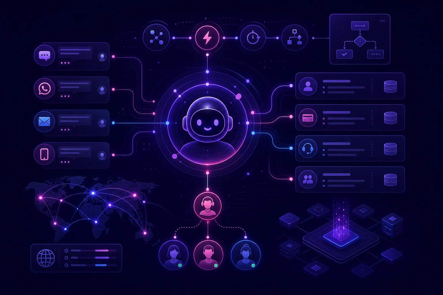 Customer experience AI agents handling multilingual support requests, backend actions, and human escalations across enterprise systems.