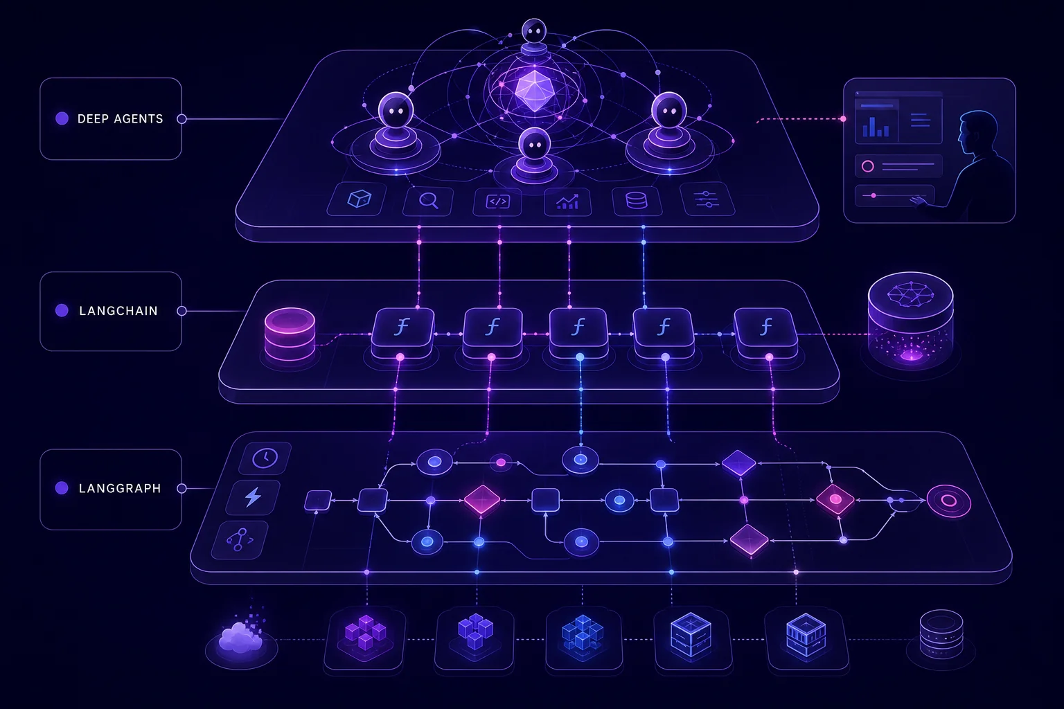 Deep agents vs LangChain vs LangGraph comparison showing how each layer balances abstraction, control, and agent workflow complexity.