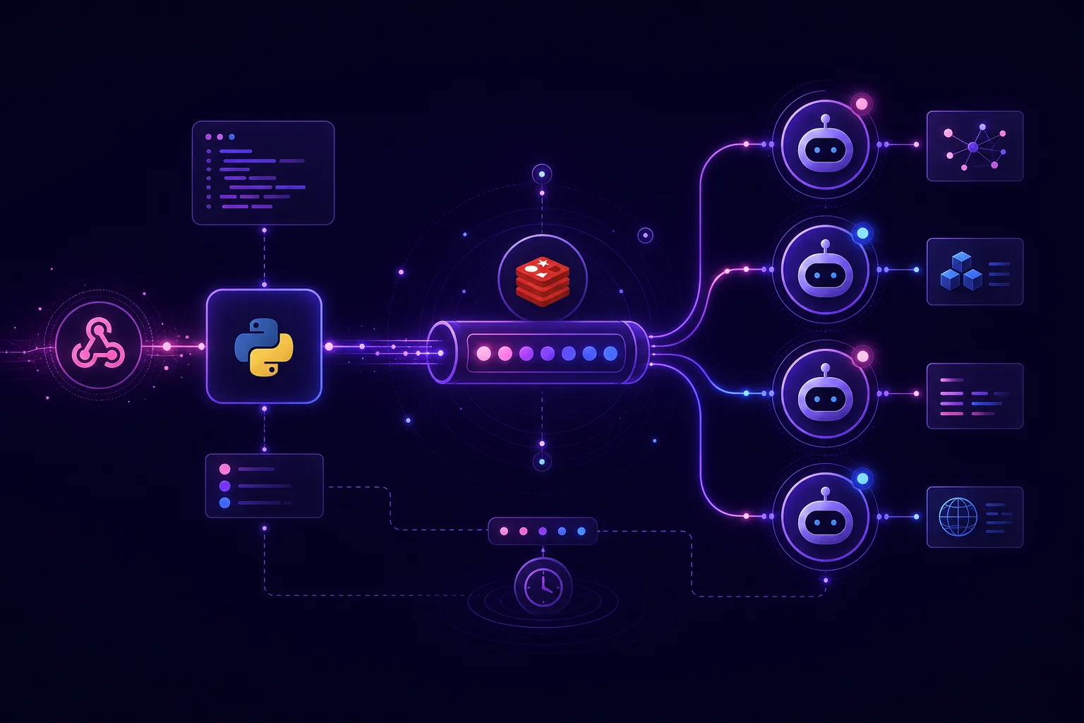 Event driven AI agents with a Python webhook connecting incoming events to a Redis stream and worker agents.