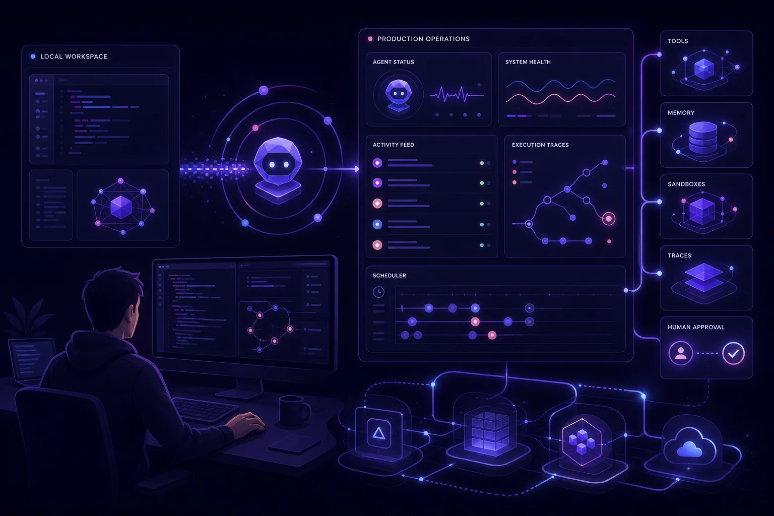LangSmith Managed Deep Agents dashboard showing an autonomous agent moving from local testing to production deployment with traces, memory, sandboxes, and human approval.