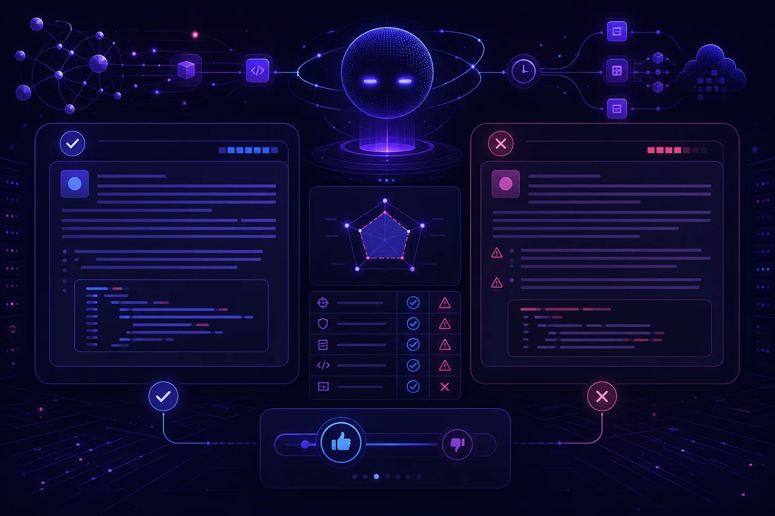 LLM as a judge comparing two AI agent responses with a rubric, factuality checks, and preference signals.