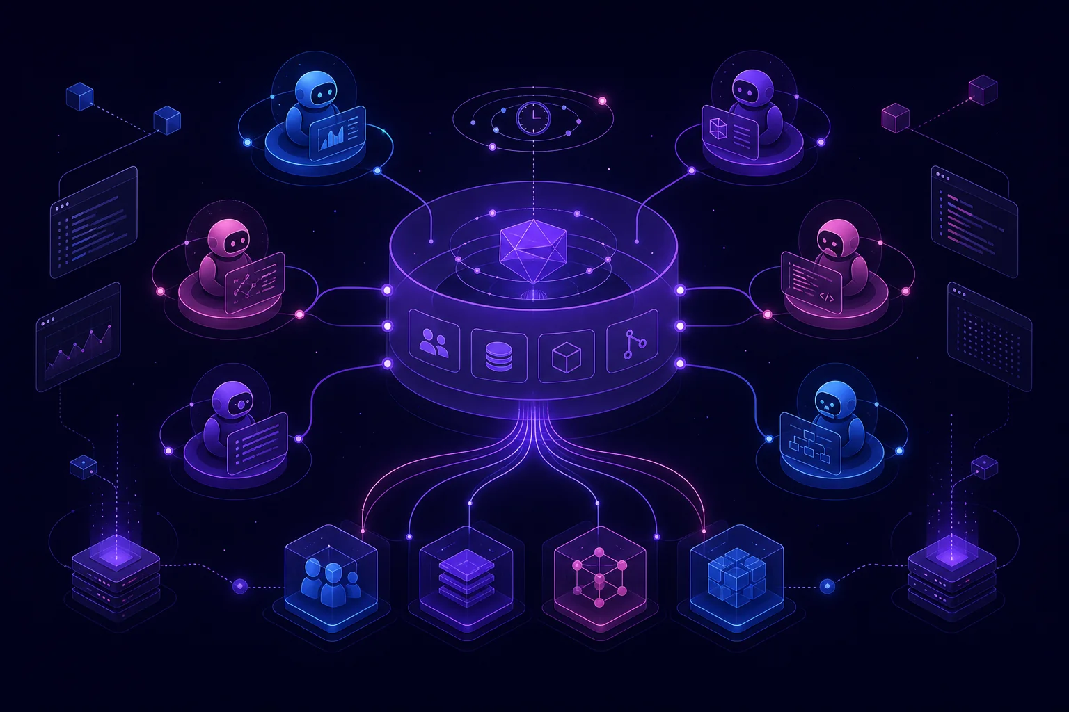 Multi-agent context management architecture showing specialized AI agents sharing organized context through sessions, memory, artifacts, and task-specific working views.